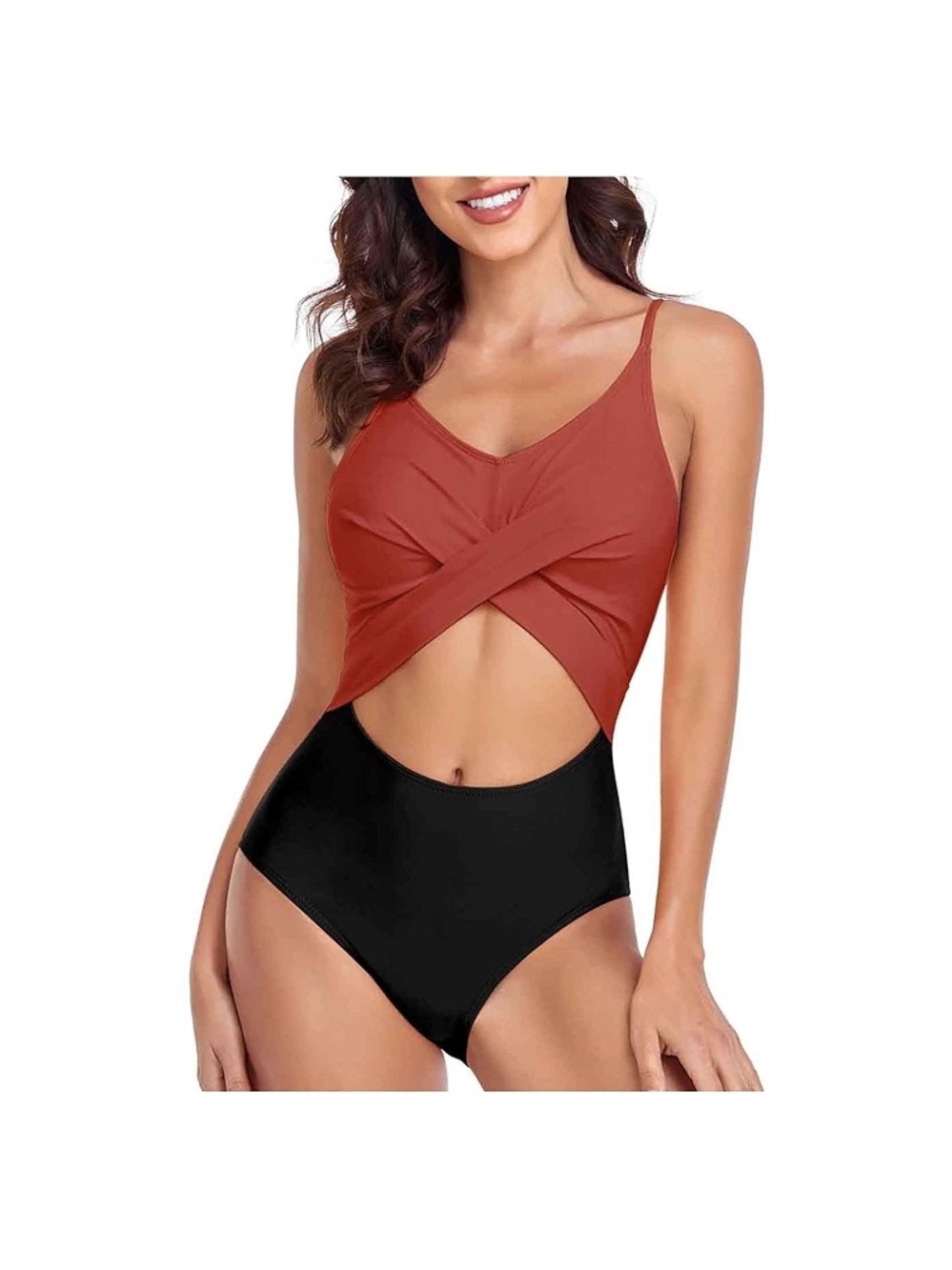 Rust Red and Black Twist Cutout One-Piece Swimsuit - Women's